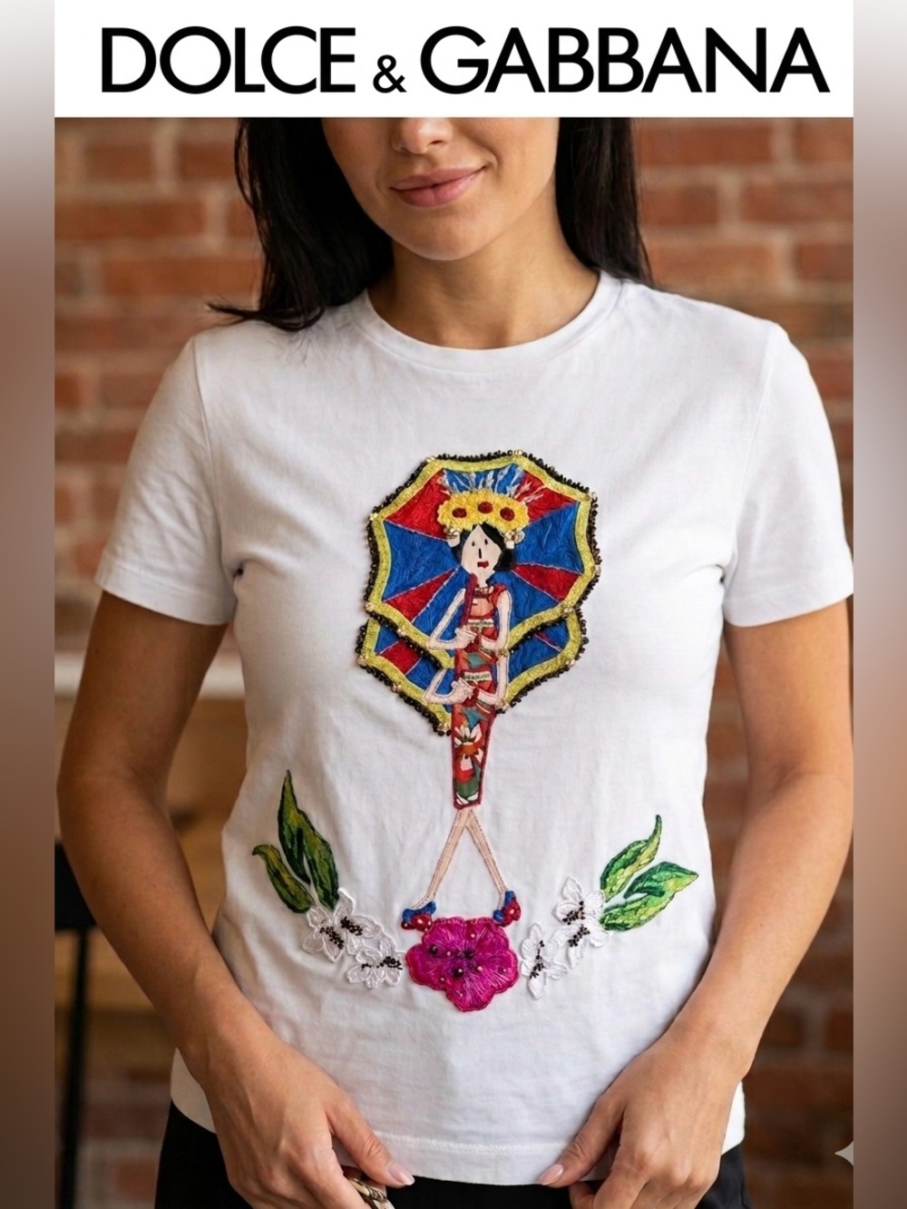 Dolce & Gabbana White Tee with Multicolor Embroidered Umbrella Girl